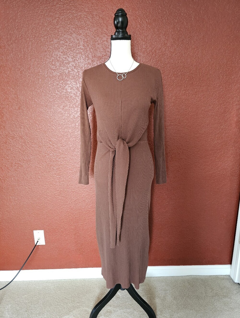 Zara Brown Ribbed Tie-Front Maxi Dress - Picture 7 of 10